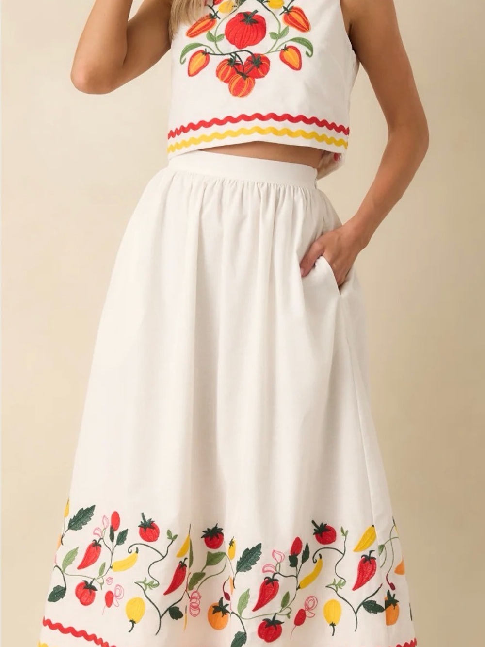 Prospering White Embroidered Maxi Skirt Set with Tomato